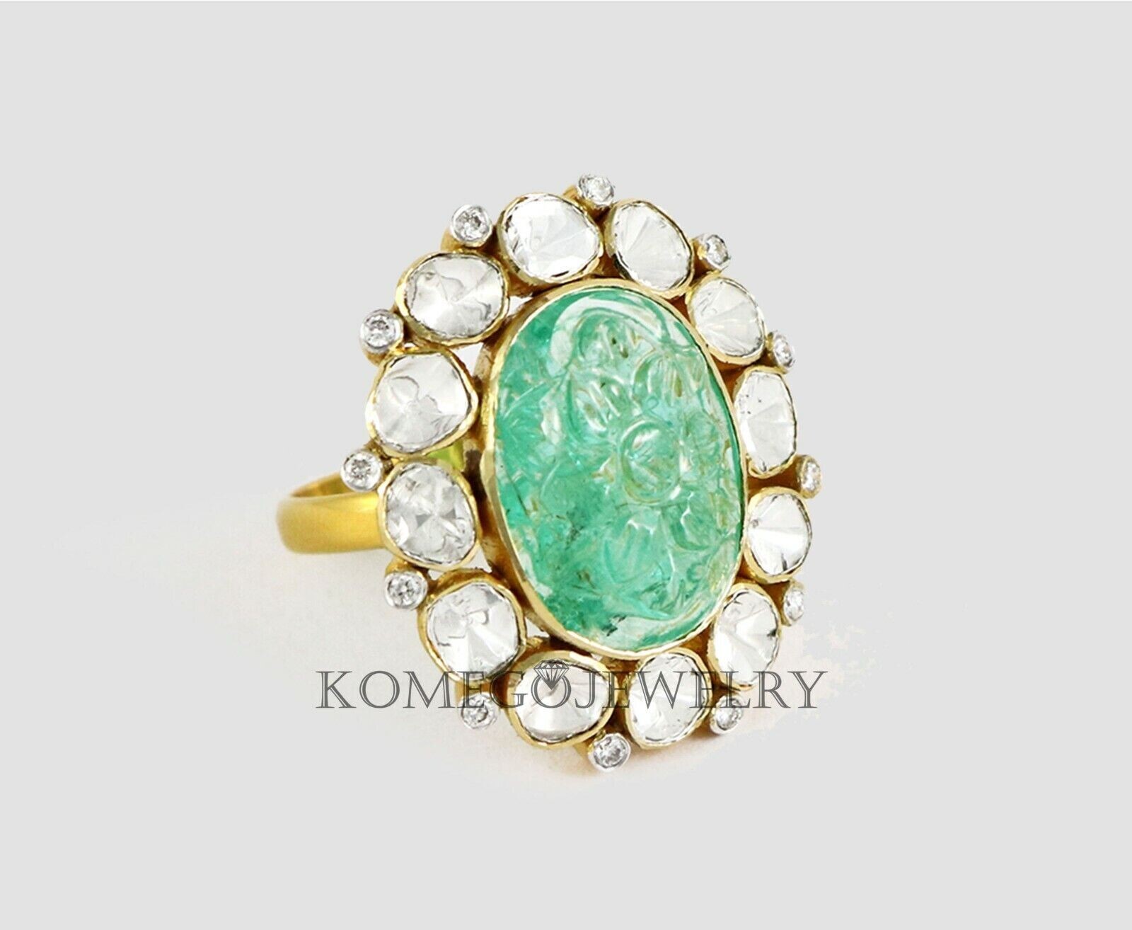 Exquisite Carved Natural Emerald Gemstone Cocktail Ring with Polki Diamond Slice