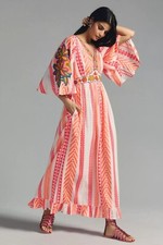 Farm Rio Anthropologie Embroidered Boho Maxi Dress V-Neck Flowy Fit Size Small