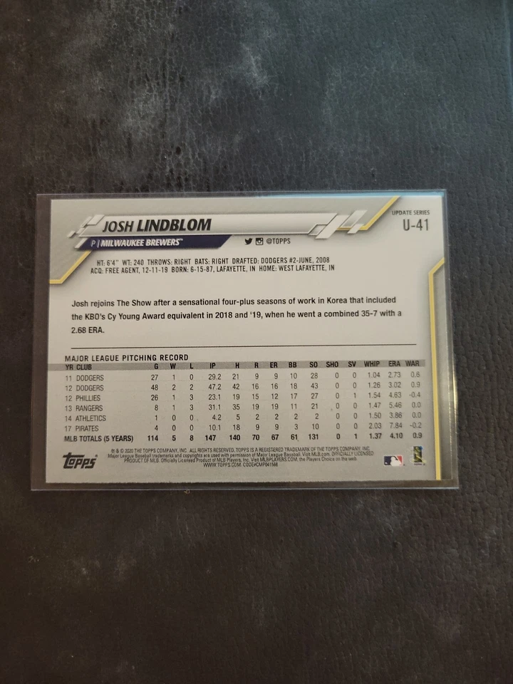 2021 Topps Update Series Josh Lindblom Signed IP Auto Milwaukee Brewers Baseball - Image 2 of 2