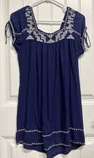 Women’s Forever 21 Blue And White Embroidered Peasant Dress 