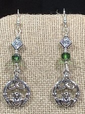 NEW*HANDCRAFTED SILVER CELTIC TRINITY CLADDAGH & CATHEDRAL CRYSTAL DROP EARRINGS