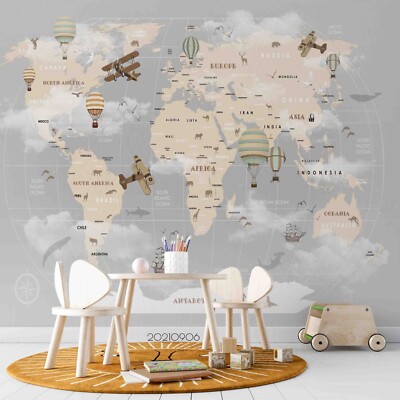 3D Grey World Map Airplane Kids Wall Murals Wallpaper Murals Wall Sticker 81