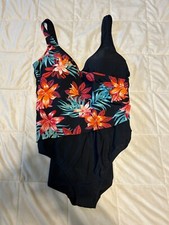 Vintage One Piece Swimsuit Side Ruched Faux Wrap Black Floral Medium 90s