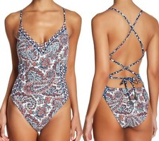 Lucky Brand Swim Hailey Paisley Lace Up Cross Back One Piece Swimsuit L