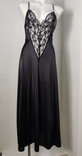 Vintage Shadowline Sweep Slip Kleid sexy Nachthemd schwarz Spitze Tauchen V klein  - Bild 1 von 13