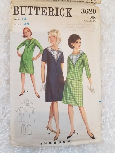 Vintage Butterick Sewing Pattern 3620 One or Two Piece Dress Size 14/34 ...