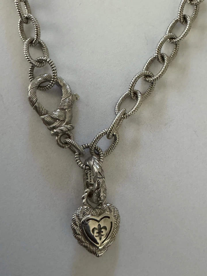 Signed Judith Ripka Sterling Silver 925 Chain Link Heart Charm Necklace 20” - Image 4 of 4