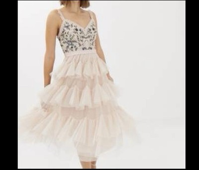 Needle & Thread embroidered tiered tulle midi dress Rose Quartz SZ 12 NWT