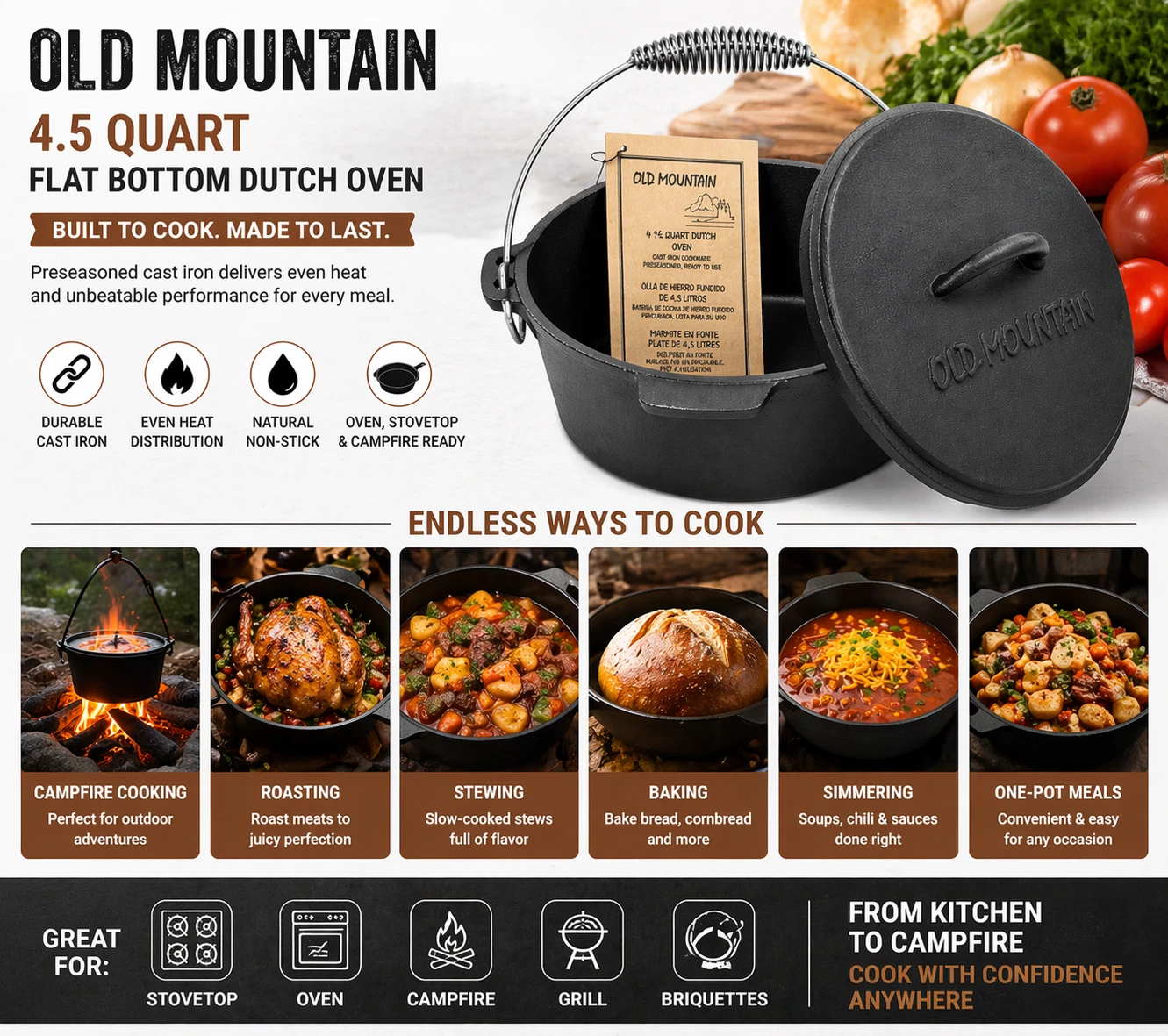 Old Mountain 4.5 Qt Cast Iron Dutch Oven Preseasoned Flat Bottom w Lid