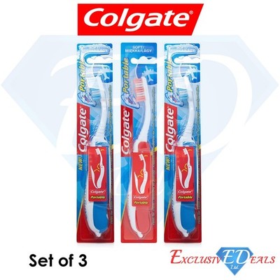 3 x Colgate kompakte tragbare Reisezahnbürste mit Klappdeckel weiche Borsten
