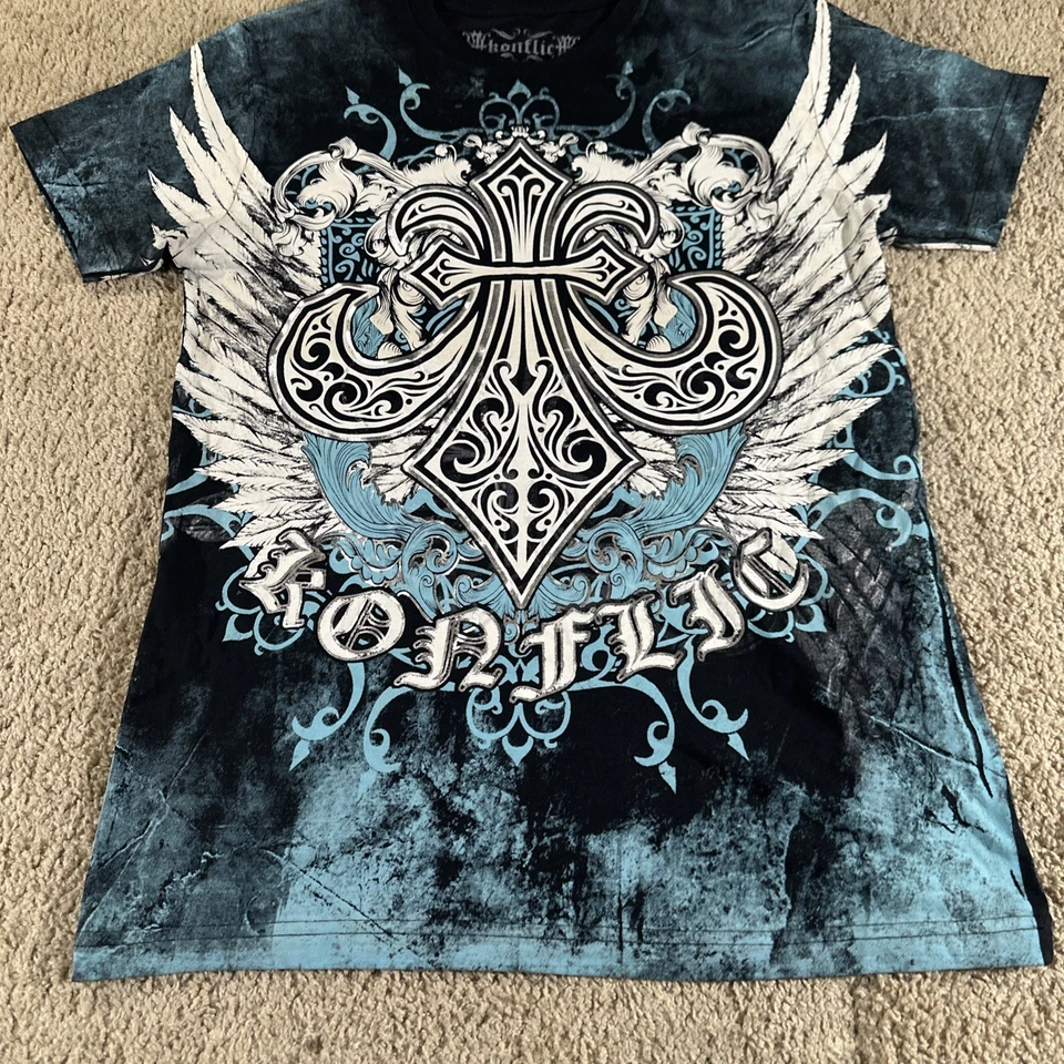 Konflic Shirt Mens Small Black Tribal Biker Core Grunge MMA Y2K USA - Image 4 of 4