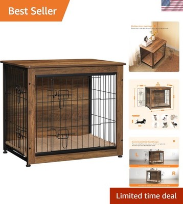 Stylish Wooden Dog Crate with Cushion - Double Door Access & Warm Brown Finish