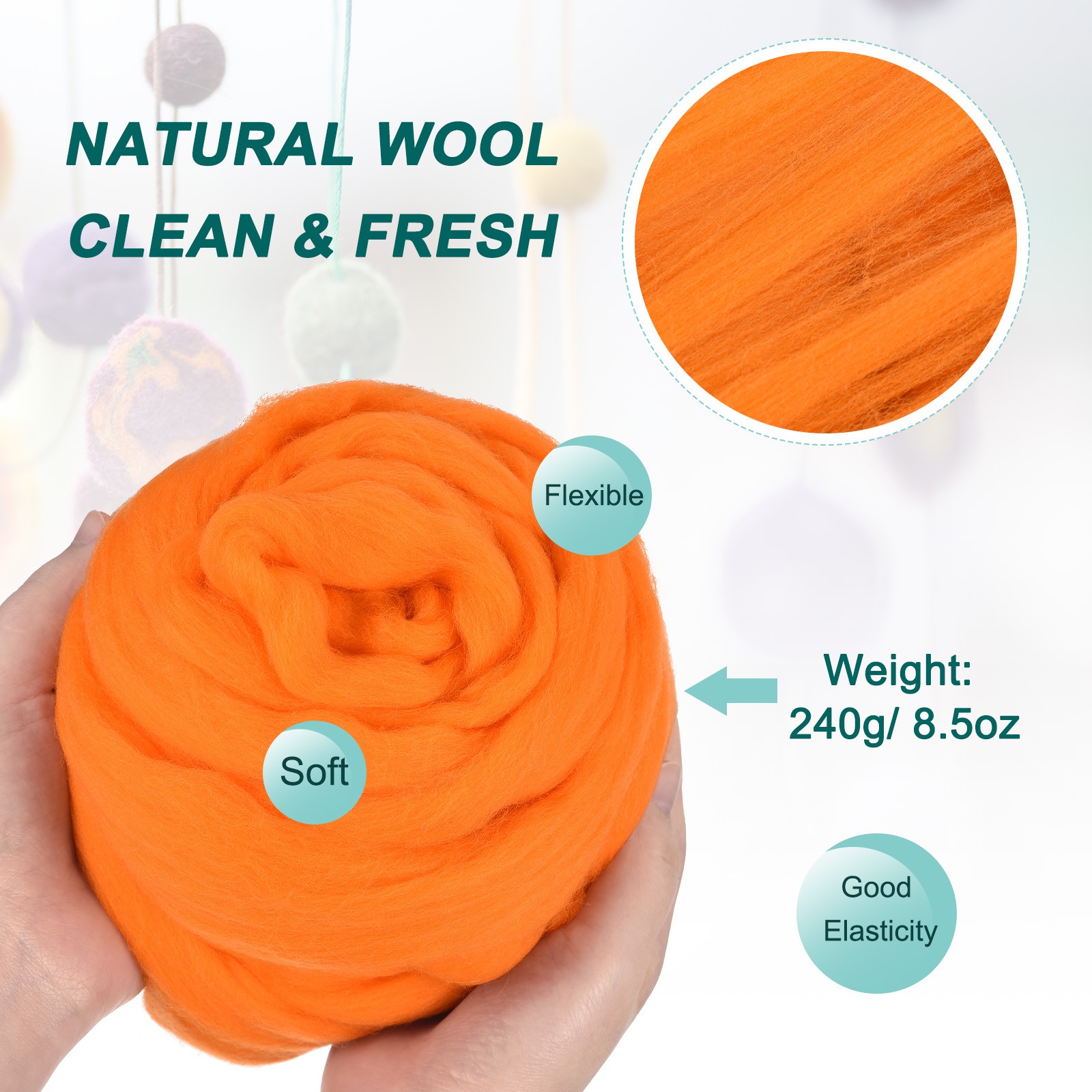 Needle Felting Wool, 8.5 Oz Nature Fibre Wool Yarn Roving (Orange)
