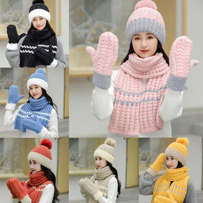 Women Winter 3Pcs Plush Lined Contrast Color Beanie Hat Long Scarf Gloves Set