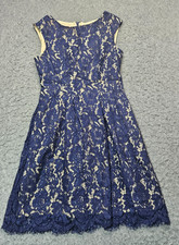 Vince Camuto sleeveless navy blue floral lace lined dress w/pockets women size 6