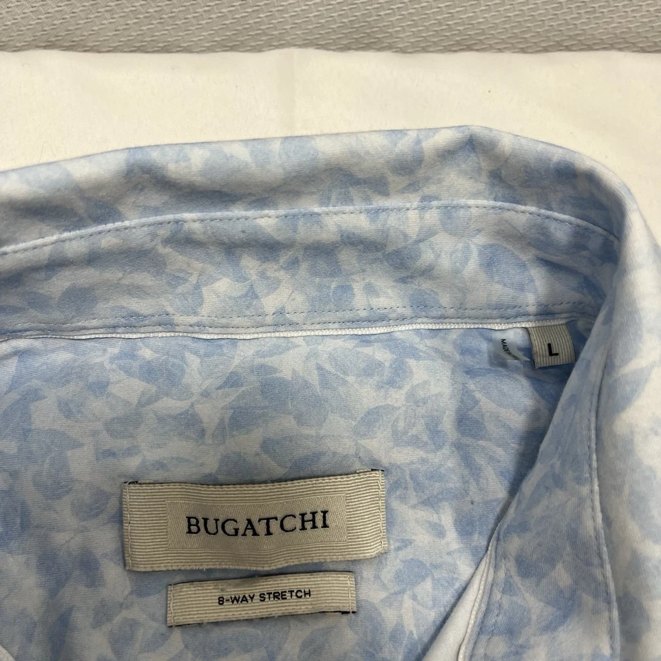 Bugatchi OooHCotton 8 Way Tech Stretch Button Up Shirt Large Air Blue Leaves - Image 3 of 4