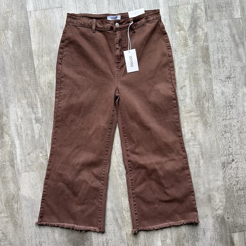 Zenana Jeans Wide Leg High Waist Cropped Raw Hem Brown Stretch Denim Size L NWT