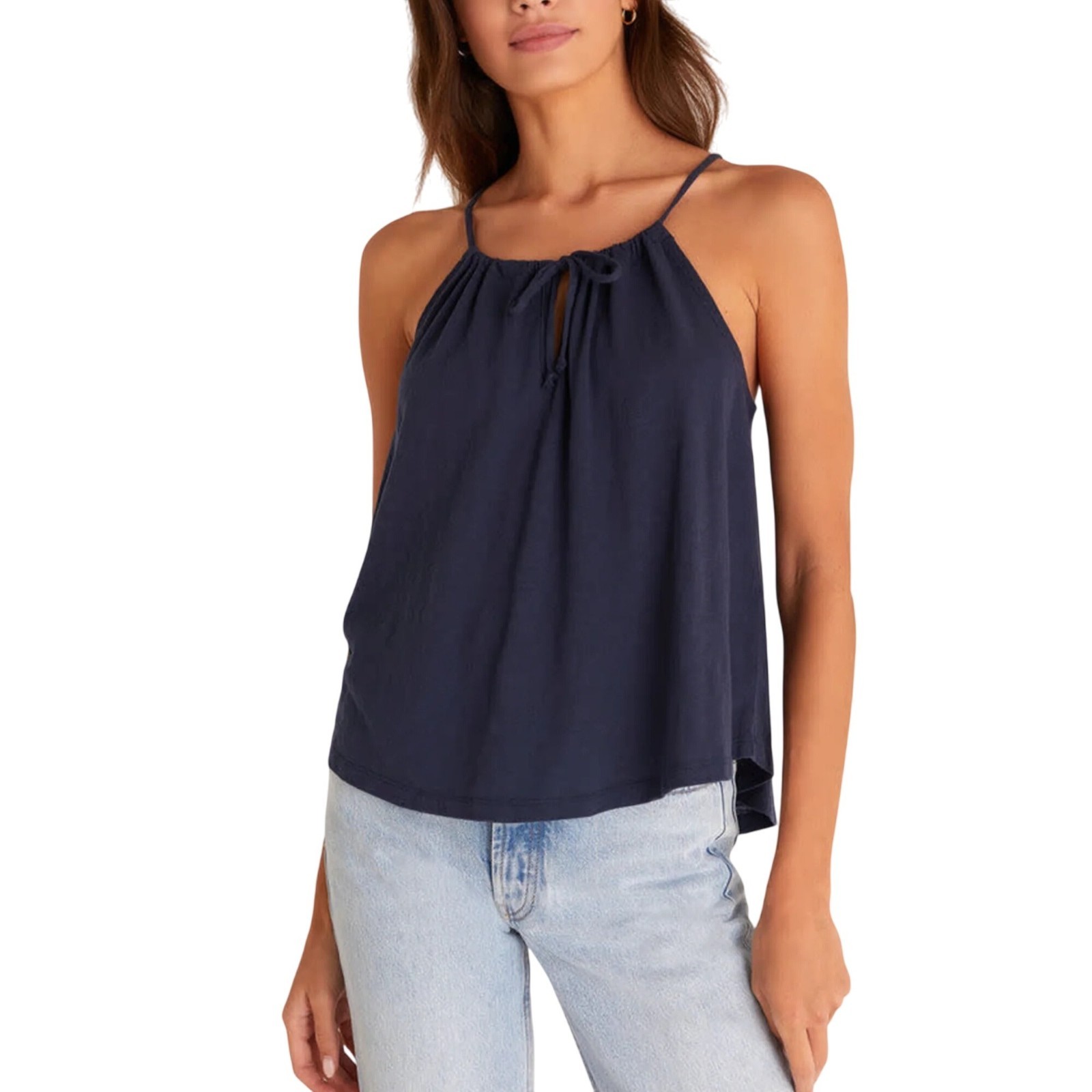 Z SUPPLY Daphne Tank Top Sz M Navy Blue Keyhole Front Neck Tie Cotton Blended