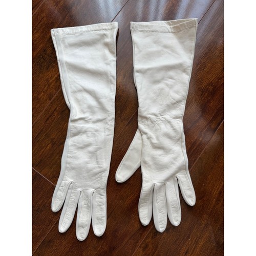 Vintage White cream Leather Opera Length Long Formal Evening Gloves 12in