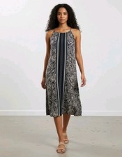 LOFT Tweed Ruffle Navy and Cream Leaf Print Midi Dress M