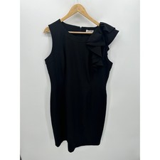Calvin Klein Shift Dress Women 14 Black Ruffle Knee Length Career Office Minimal