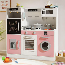 Play Kitchen with Realistic Lights Sounds, Wooden Kitchen Playset with 28 Pcs