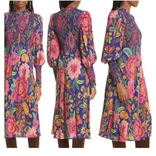 FARM Rio Macaw Bloom Floral Smocked Mock Neck Juliet Sleeve Dress 