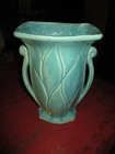 Vintage 1940's McCoy Pottery Turquoise Double Handle art deco Vase 8.5"