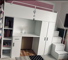 Hochbett Kinderbett mit Treppe, Schreibtisch, Kleiderschrank, Weiß