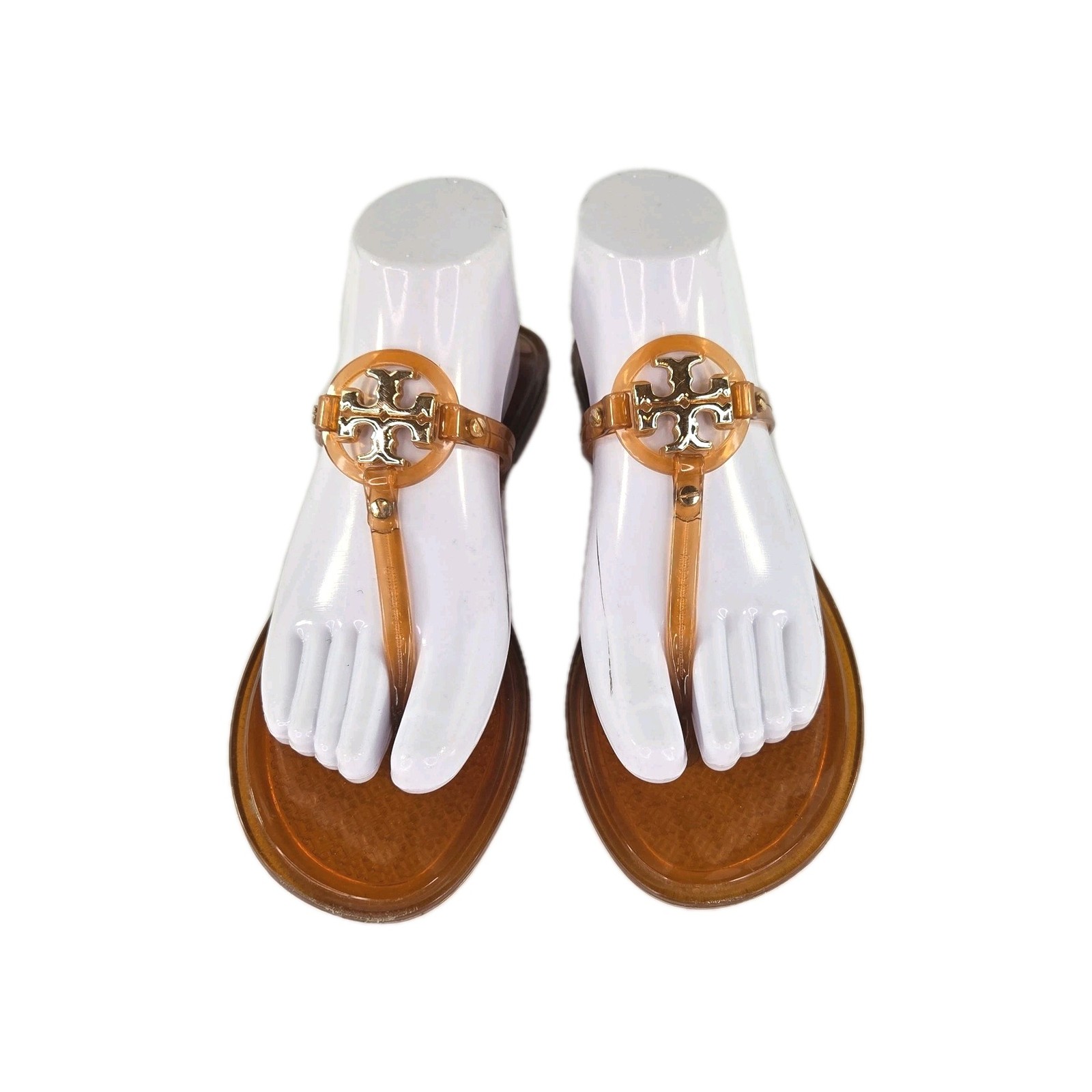 Tory Burch Mini Miller Jelly Thong Sandals US 8 Orange Flat Gold Medallion Shoes