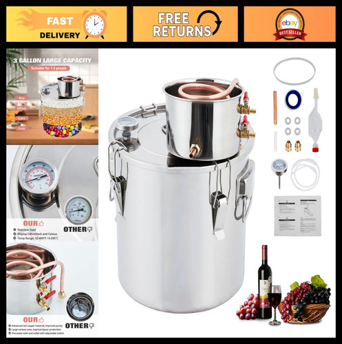 3 Gal Alcohol Distiller Kit with Copper Tube & Thermometer - DIY Whiskey, Wine,