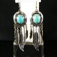 Southwestern Style Dangle Earrings Faux Turquoise Feathers Silver Tone Long
