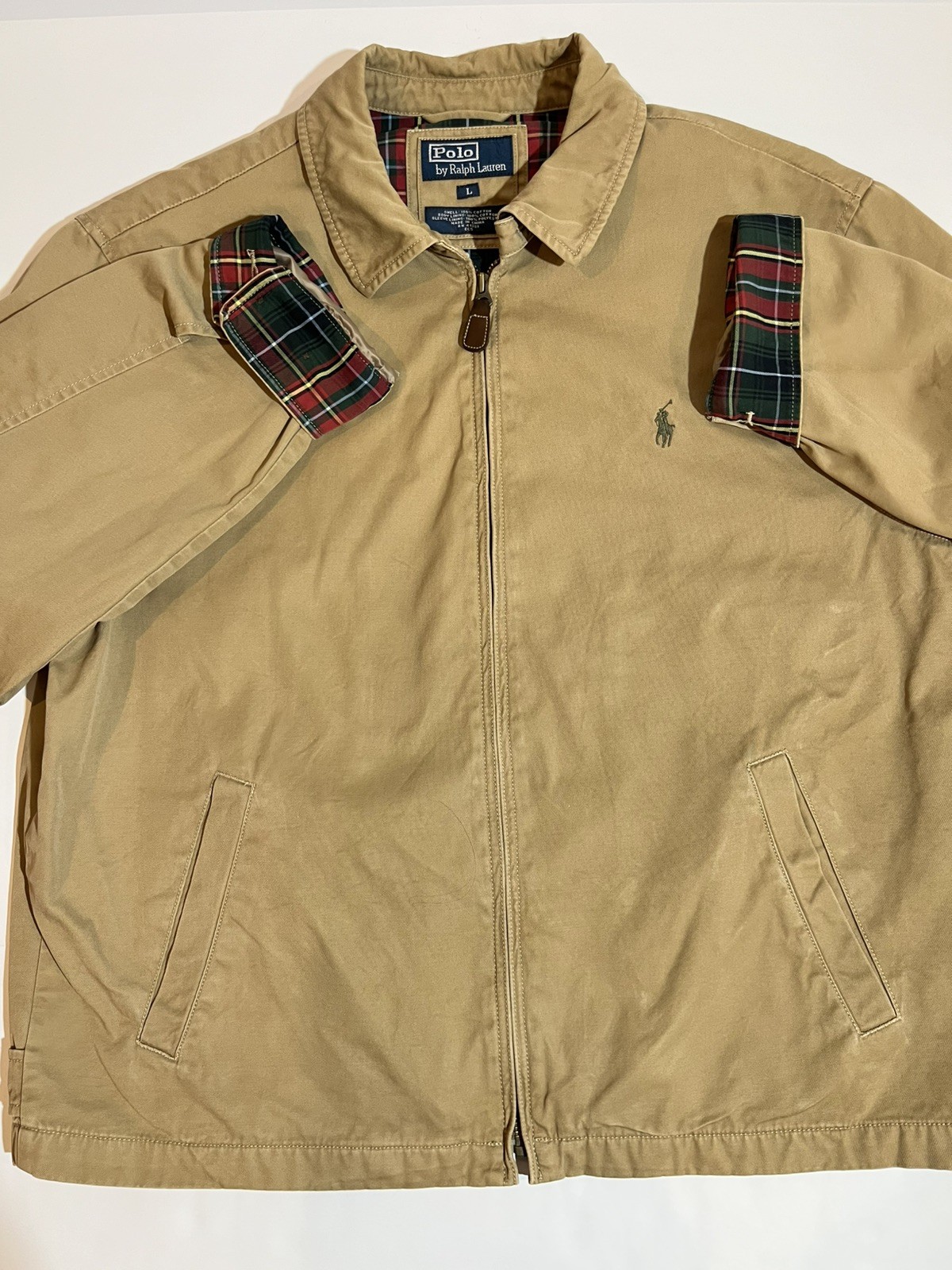Vintage Polo Ralph Lauren Harrington Jacket Mens L Beige Plaid Lined Y2K Preppy