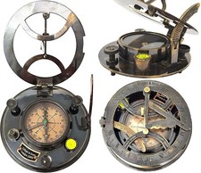 Engraved Sundial Brass Compass - 5 inches Large Sundial Compass in Leather Case