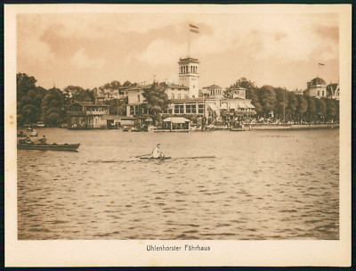 View on cardboard 23x17cm Hamburg Uhlenhorster ferry house at Alster Rowerer 1900