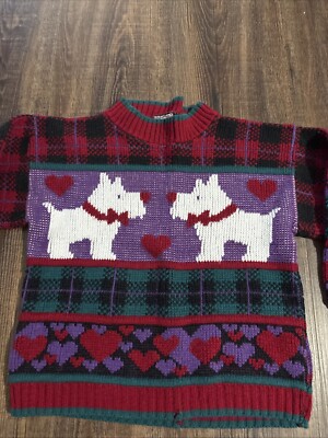 Vintage Dog  colorful Hearts & Plaid Scottie dogs Kids Sweater girls size 8