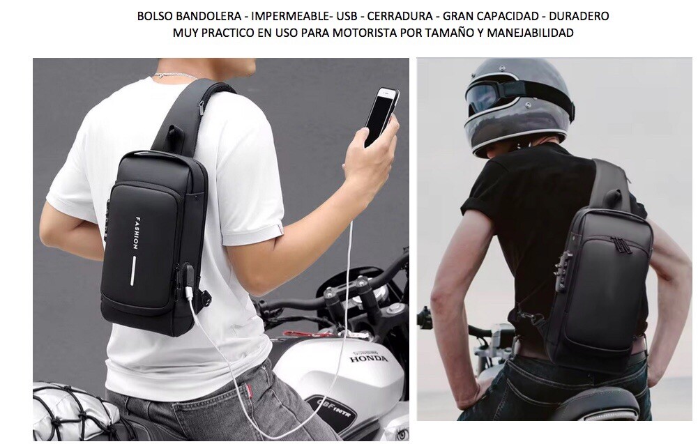Bolsa Bandolera Impermeable Con USB Cerradura Gran Capacidad 32/21/9 Cm Durabili