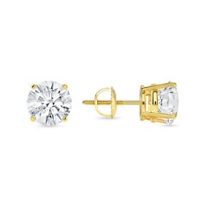 Round Earrings Studs 4 CT Solid 14K Yellow Gold Brilliant Cut Screw Back Basket