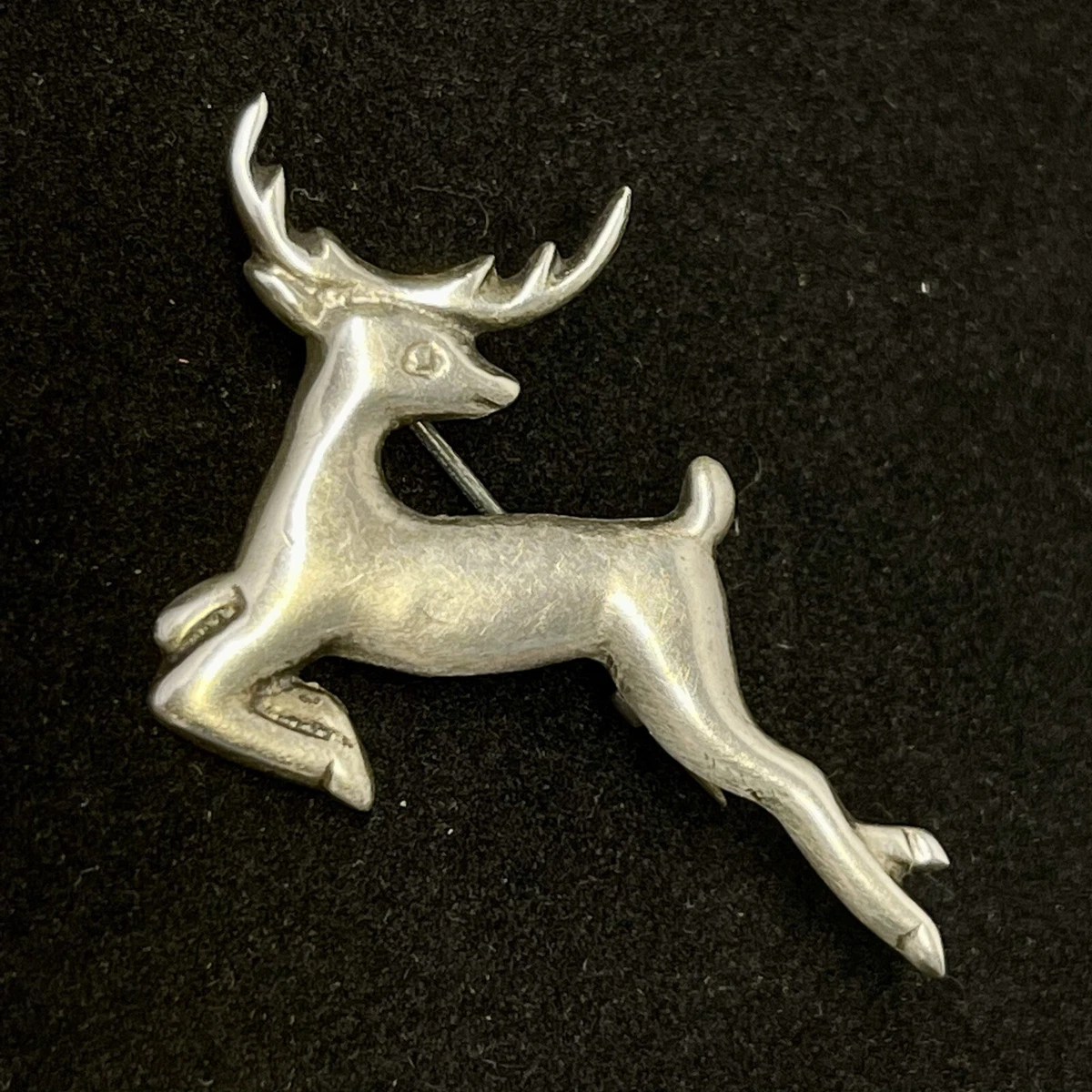 Mexico Sterling Silver Leaping Reindeer Early C Clasp Brooch Stag