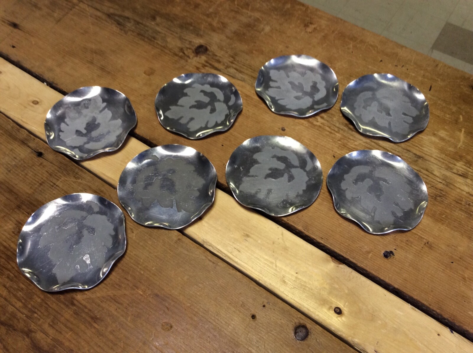 Antique Aluminum Trays Etched Two 15”, One 11”, One 7.5” and Twelve 4