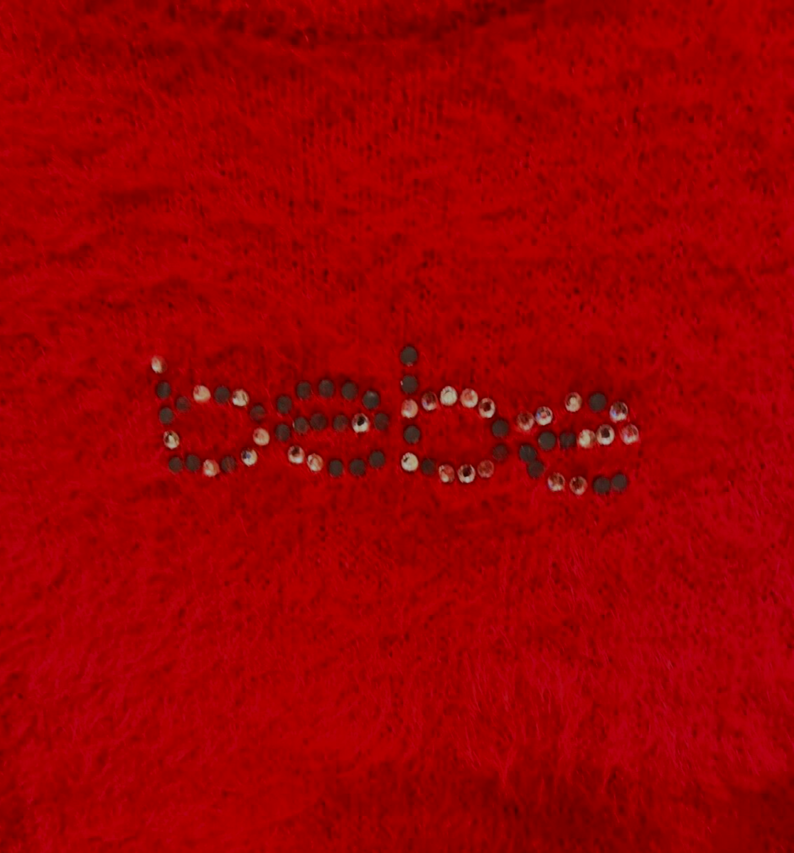 NEW w/TAG $79 BEBE EMBELLISHED LOGO RED FUZZY STRETCH SWEATER LONG