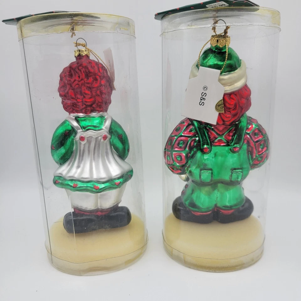 Lote de 2 enfeites vintage de árvore de Natal Ann&Andy de vidro 1998 por Snowden - Imagem 3 de 4