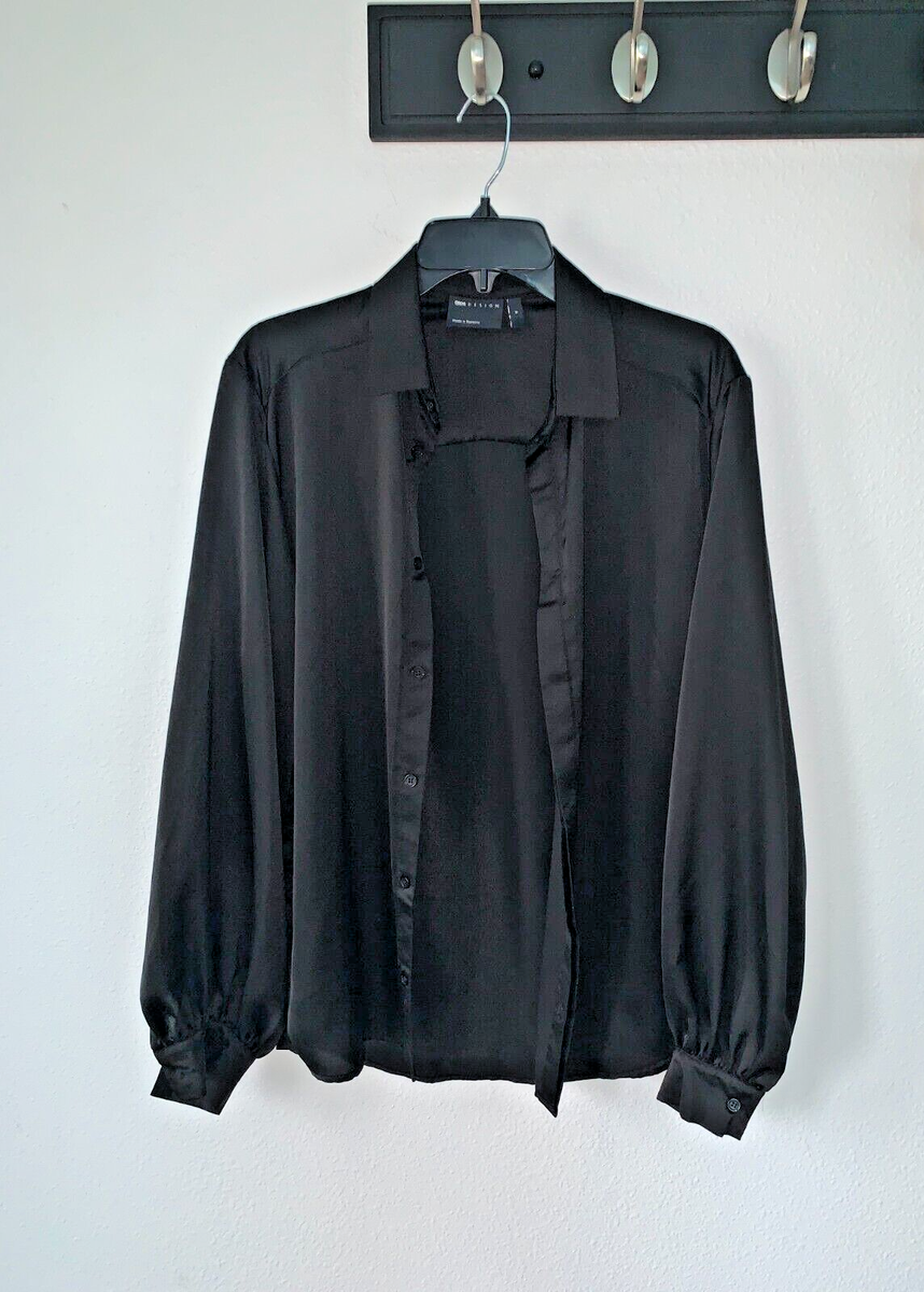 ASOS DESIGN regular long sleeve satin shirt with volume puff sleeve black