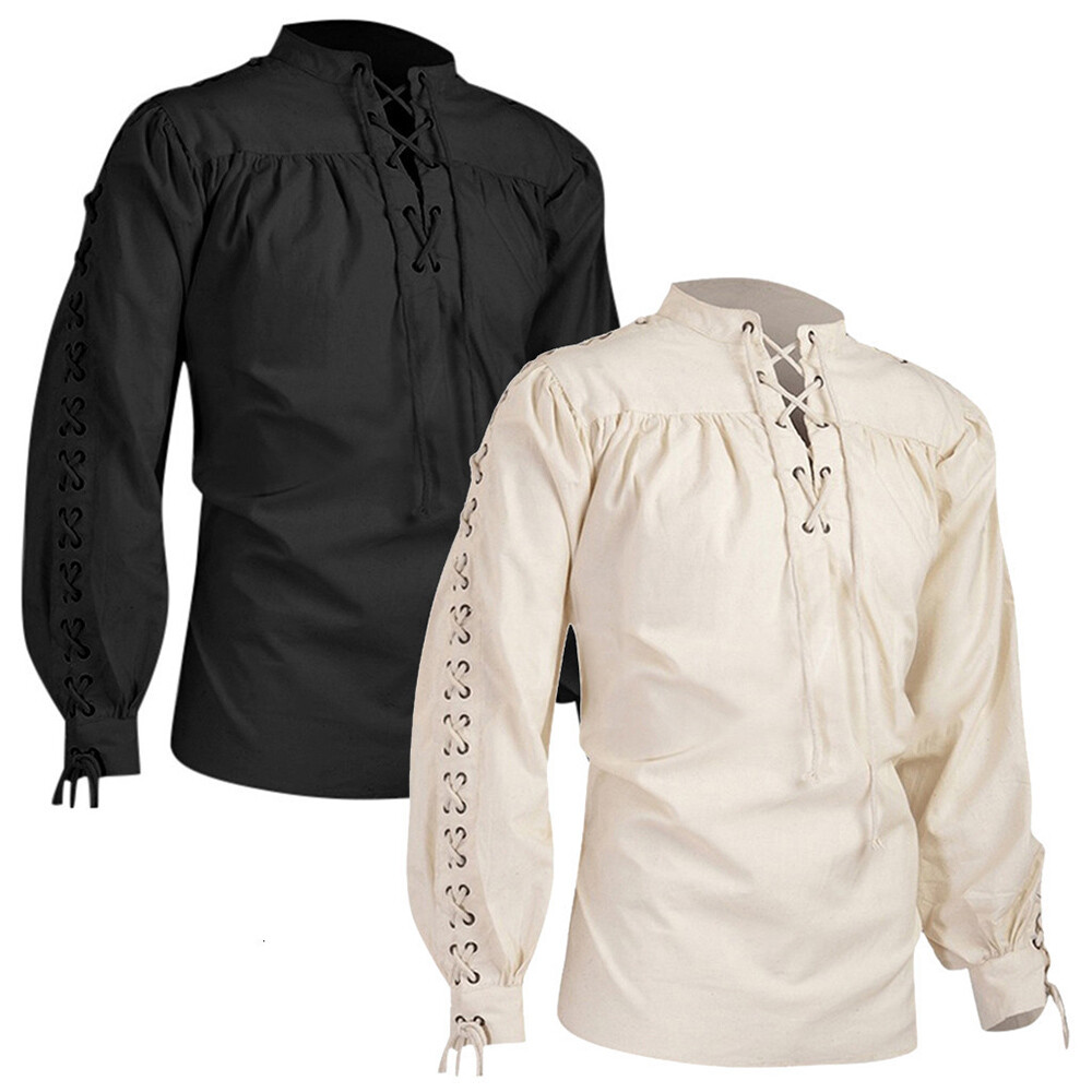 トップス DECOdepuis1985 lace collar belt shirts Mens Gothic Lace Up Collar Long Sleeve Ruffle Shirt Tops T-shirt
