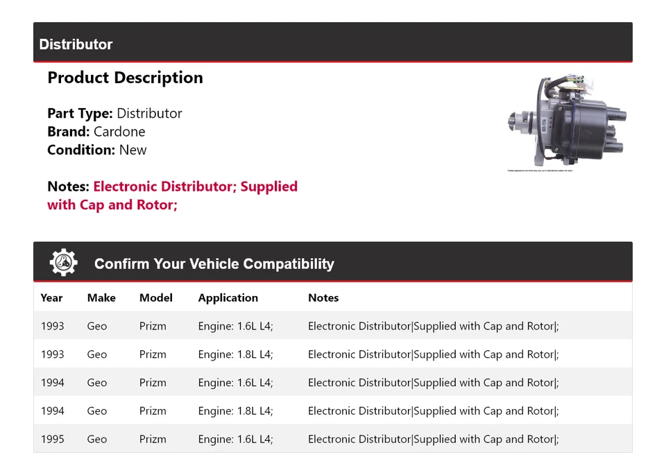 Для 1993-1995 Geo Prizm дистрибьютор Cardone 1994 - Изображение 2 из 4