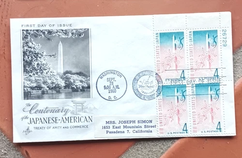 JAPAN CENTENNIAL YEAR CHERRY BLOSSOMS 1960 ARTCRAFT CACHET FDC PLATE#BLOCK