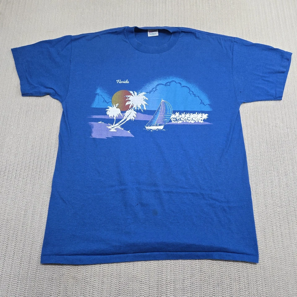 Camisa De Colección Bravo Florida Para Hombres XL Azul Velero Palmera Puesta de Sol Playa Años 80 Camiseta Foto 2 de 4