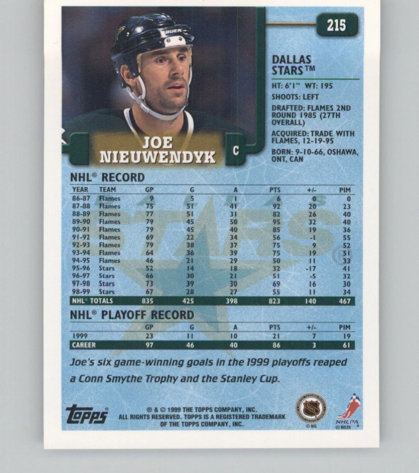 1999-00 Topps #215 Joe Nieuwendyk - Image 2 of 2