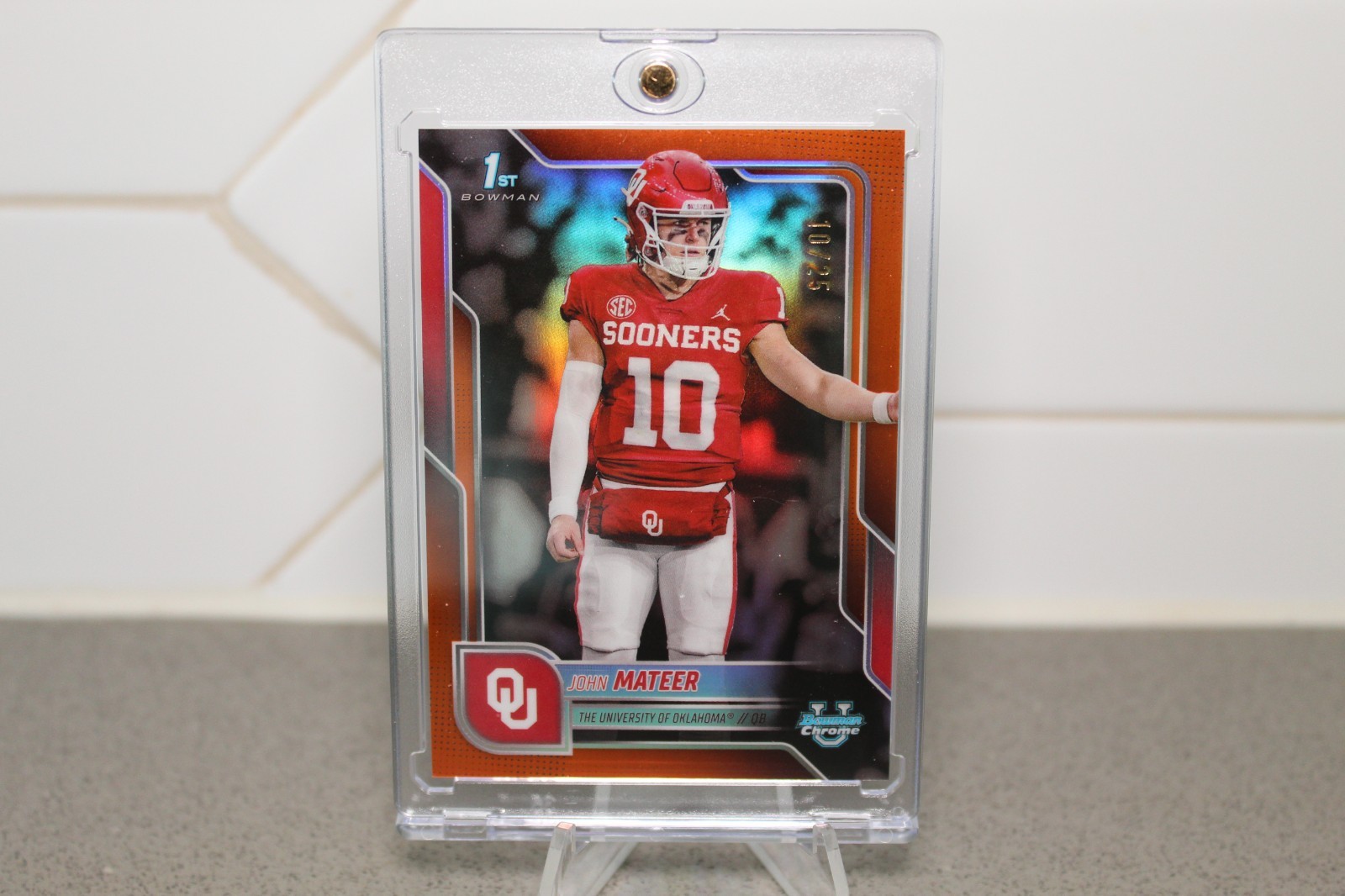 John Mateer 2025 Bowman U Chrome Orange #10/25 Jersey Match Oklahoma Sooners 1st