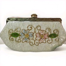 1960s Vintage Beaded Floral Evening Clutch Purse Clear Vinyl Overlay Gold Frame